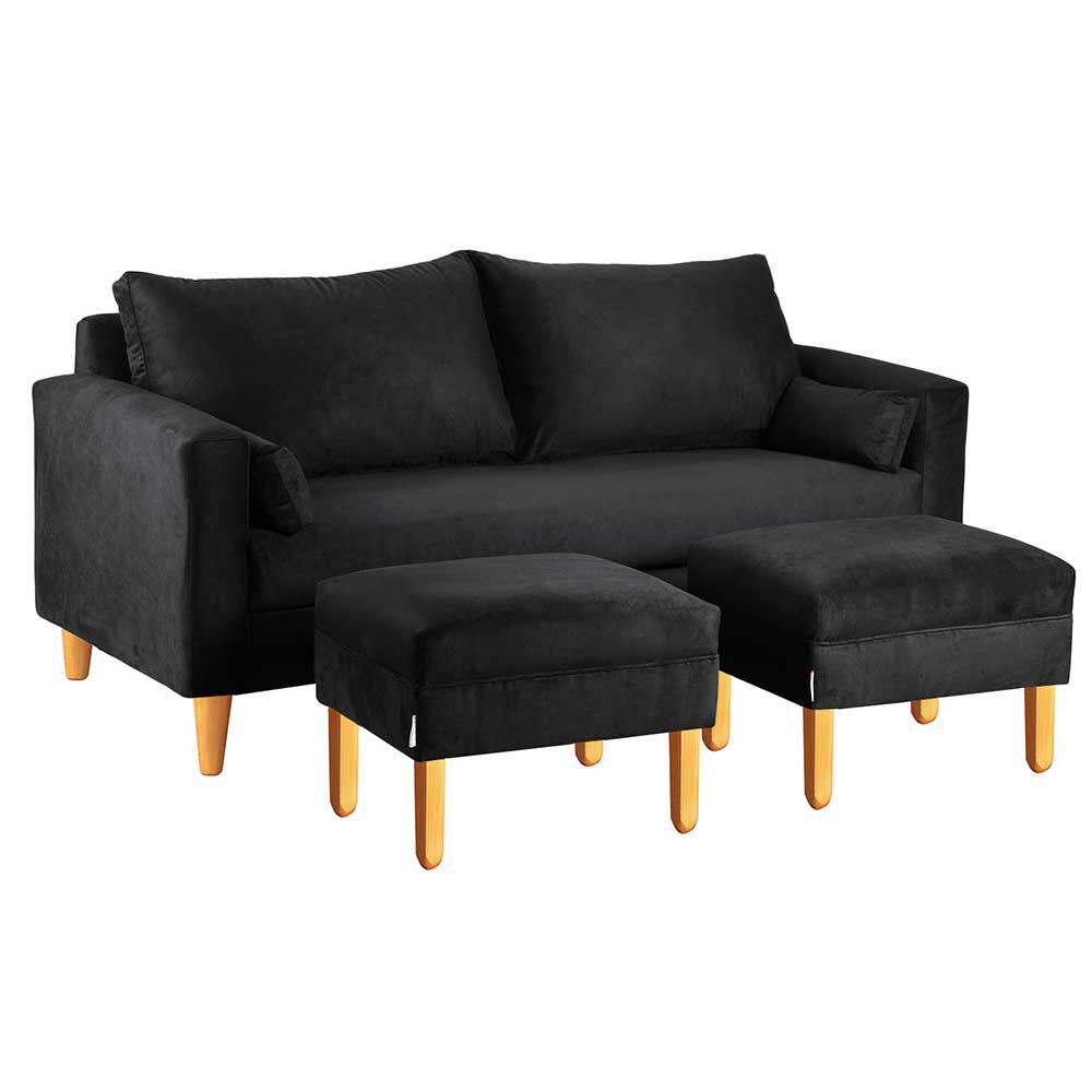 Juego de Living Bodevir Sky Felpa 04 3 Cuerpos + Dos Pouf 1 Cuerpo Negro