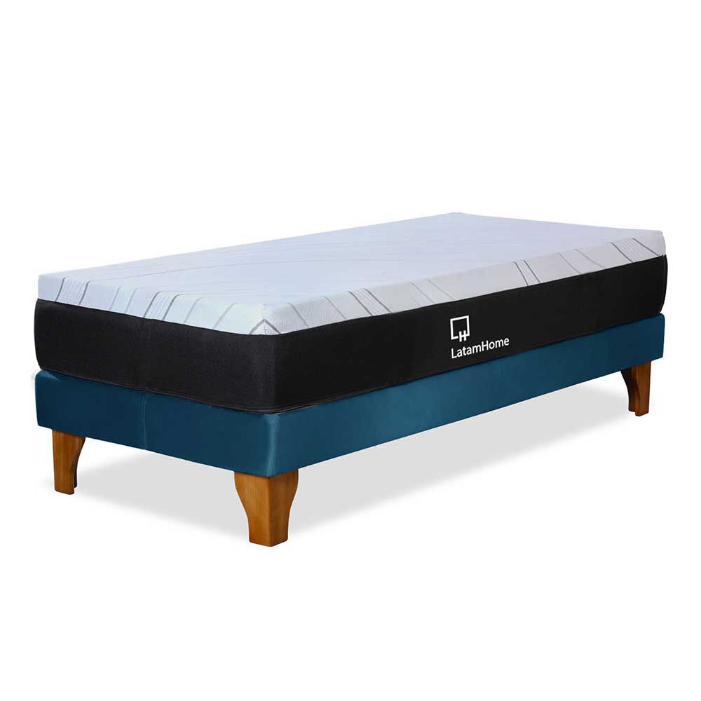 Cama Europea Latam Home 1,5 Plazas Zen Top Foam Hybrid Velvet Azul Petróleo