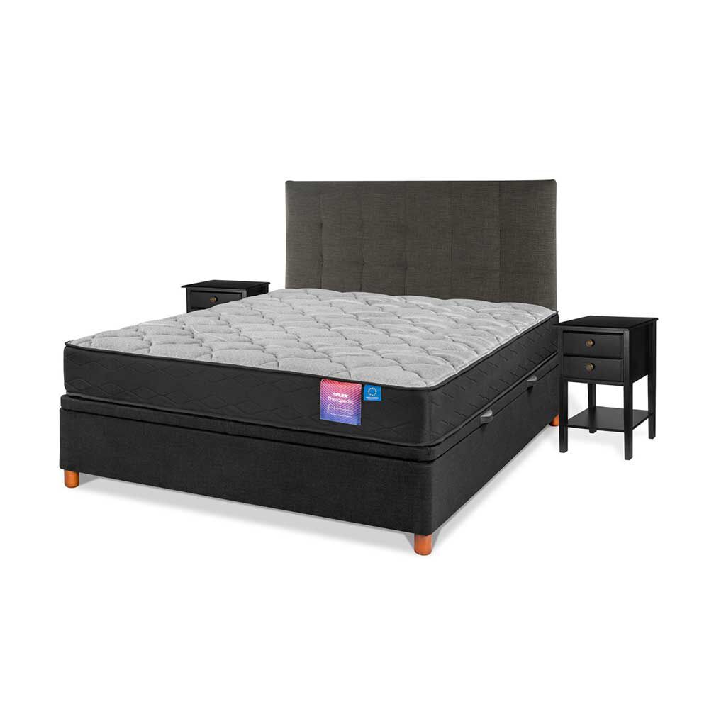 Cama Baúl Flex 2 Plazas Therapedic Plus  + Respaldo Design + 2 Veladores Rover