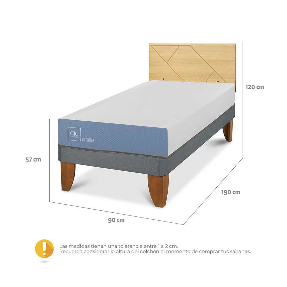 Cama Europea CIC 1 Plaza Excellence + Respaldo Villarrica Mostaza