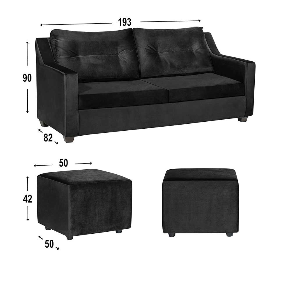 Juego de Living Diseño A&M Home Aries Sofá 3 Cuerpos + 2 Pouf 1 Cuerpo Negro