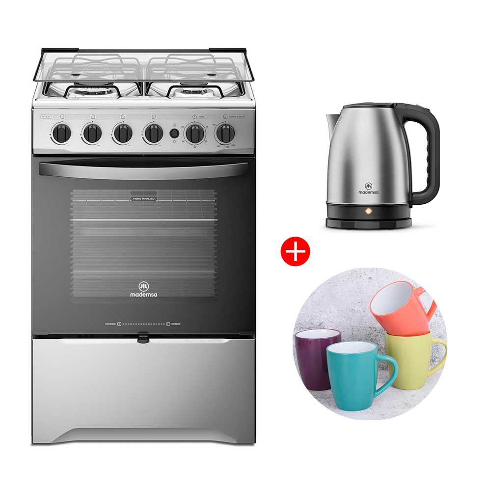 Combo Cocina a Gas Mademsa M 775 ST 4 Quemadores + Hervidor Eléctrico MEK10 1,8 lts. + Set 4 Mugs Casanova Cerámica Multicolor