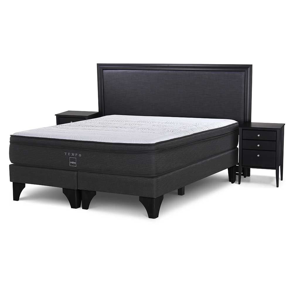 Cama Europea Rosen Base Dividida 2 Plazas Tempo + Respaldo + 2 Veladores Nolita Grafito