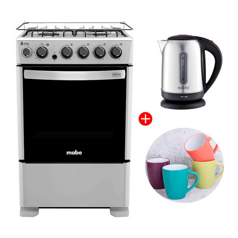 Combo Cocina a Gas Mabe CMC5530AG0 4 Quemadores + Hervidor Eléctrico Kioto Akita 1,7 lts. + Set 4 Mugs Casanova Cerámica Multicolor