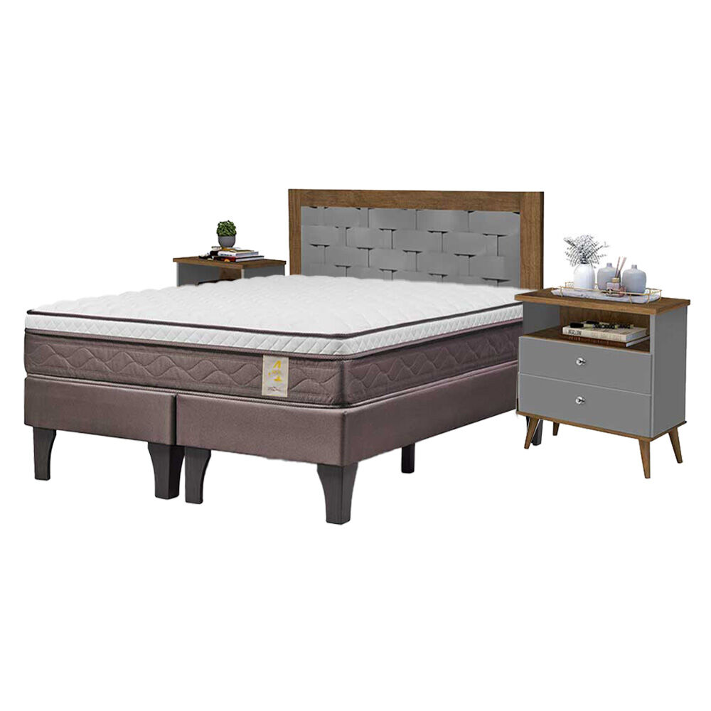 Combo Cama Europea Rosen Base Dividida 2 Plazas New Style 4 Plus + Respaldo + 2 Veladores Dreams 2 Plazas Treliza Gris