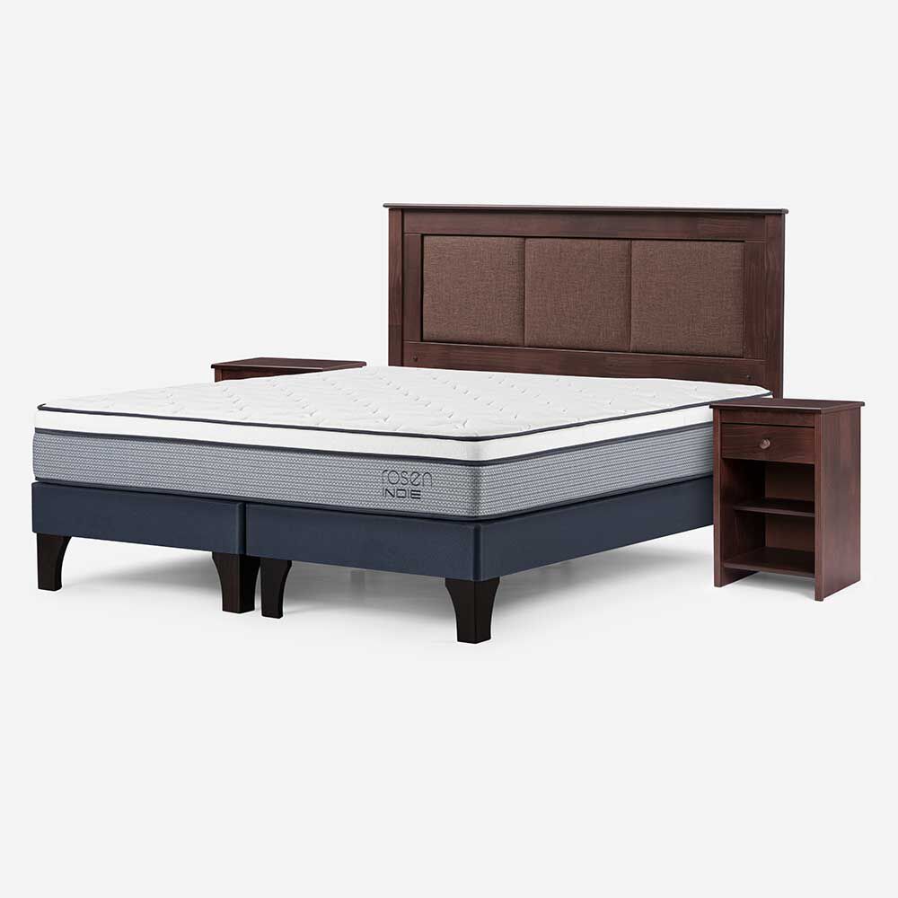 Cama Europea Rosen Base Dividida 2 Plazas Pratta + Respaldo + 2 Veladores Rachel