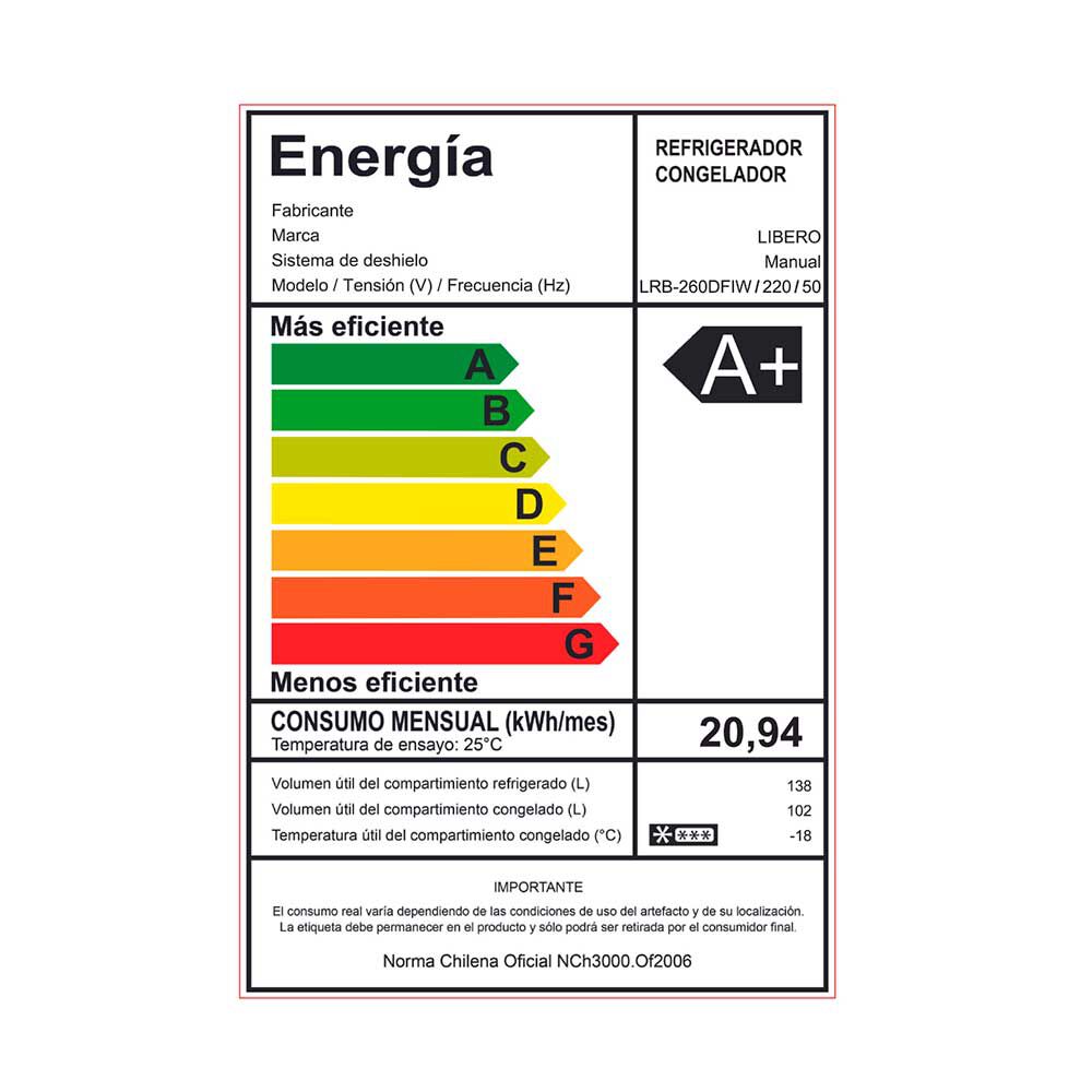 Refrigerador Combi Frío Directo Libero LRB-260DFIW 240 lts.