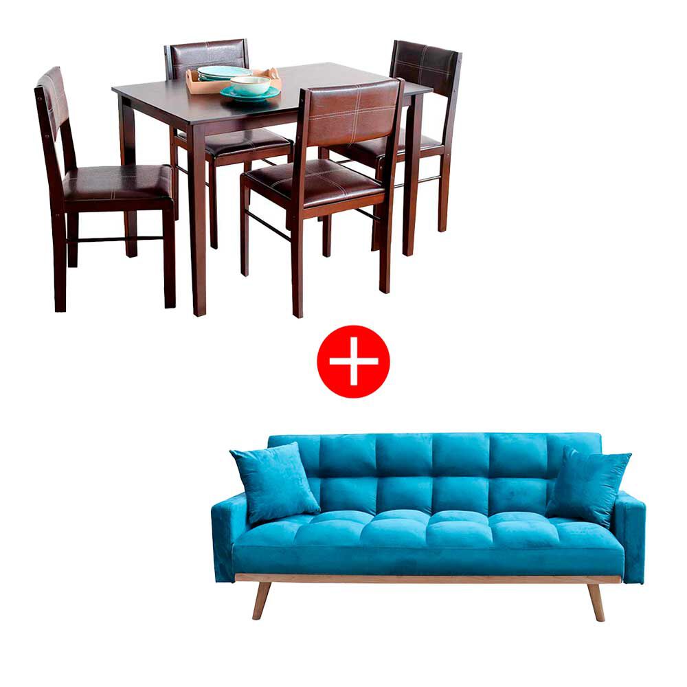 Combo Juego de Comedor Casanova Roma 4 Sillas + Sofá Cama Casanova Batik 3 Cuerpos Azul