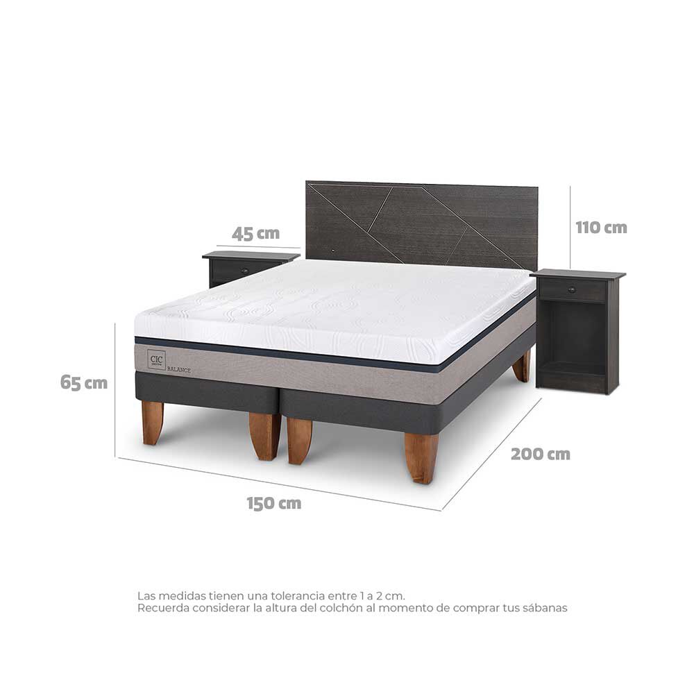 Cama Europea CIC Base Dividida 2 Plazas Balance + Respaldo + 2 Veladores Villarrica