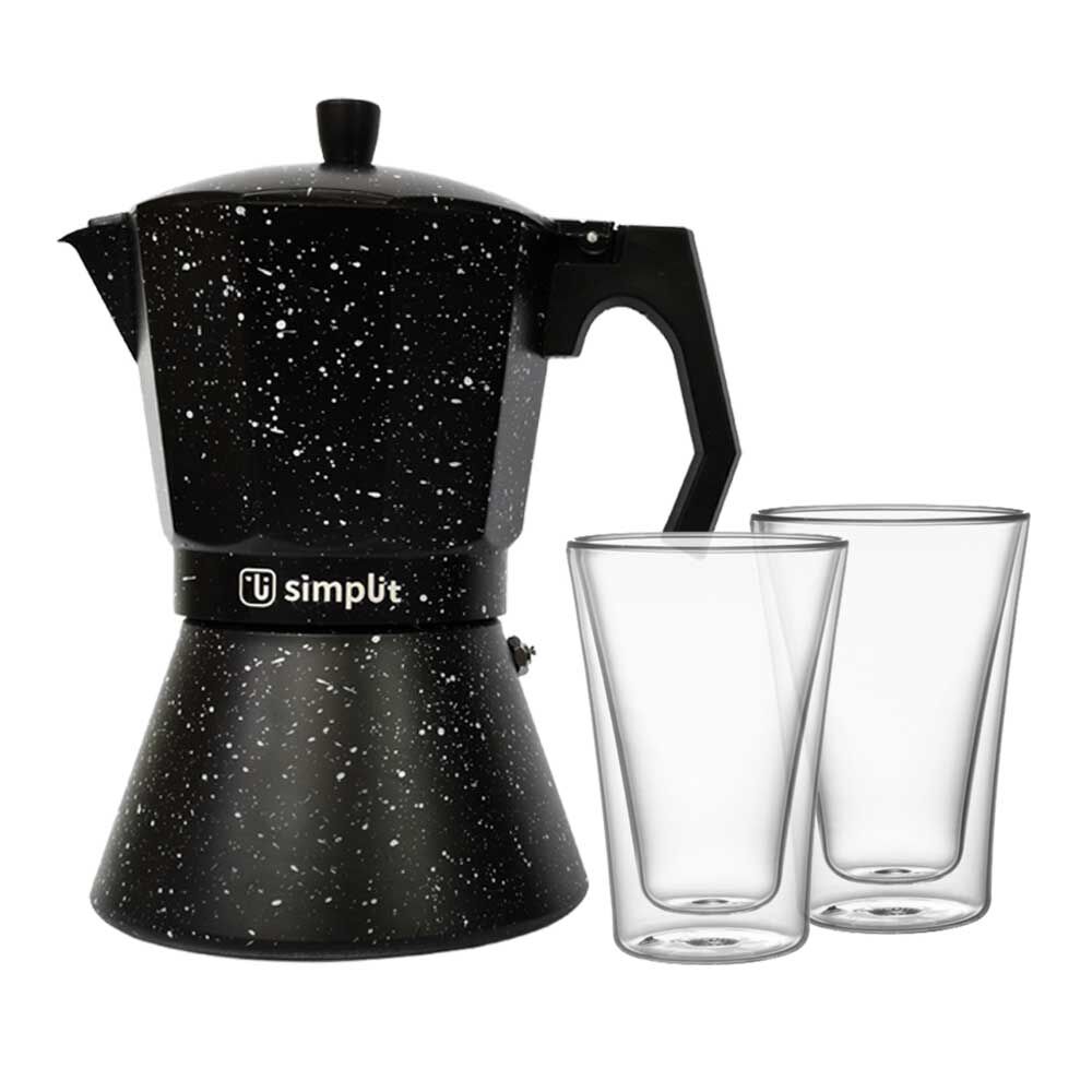 Pack Cafetera Italiana + Set 2 Vasos Doble Pared Simplit Negro