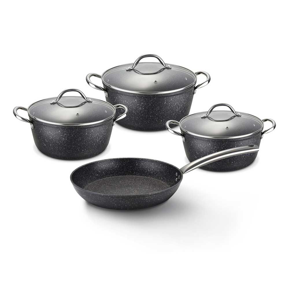 Batería de Cocina Aluminio Forjado Wens Pompei 7 Piezas Negro Marmoleado