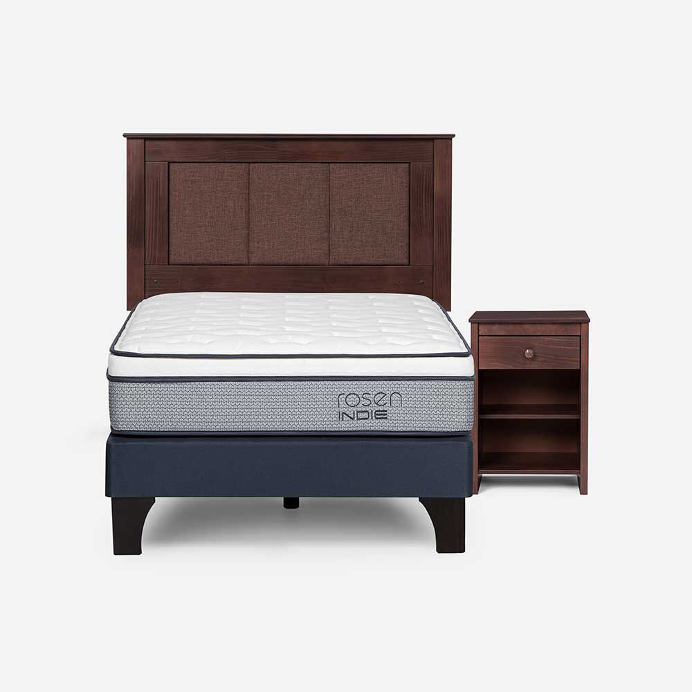 Cama Europea Rosen 1 Plaza Indie + Respaldo + Velador Rachel