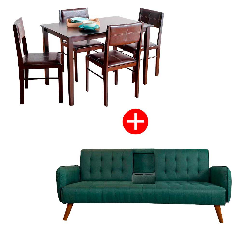 Combo Juego de Comedor Casanova Roma 4 Sillas + Sofá Cama Casanova Renata 3 Cuerpos Verde Piedra