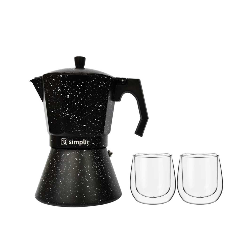 Pack Cafetera Italiana + Set 2 Tazas Expreso 80 ml Simplit Negro