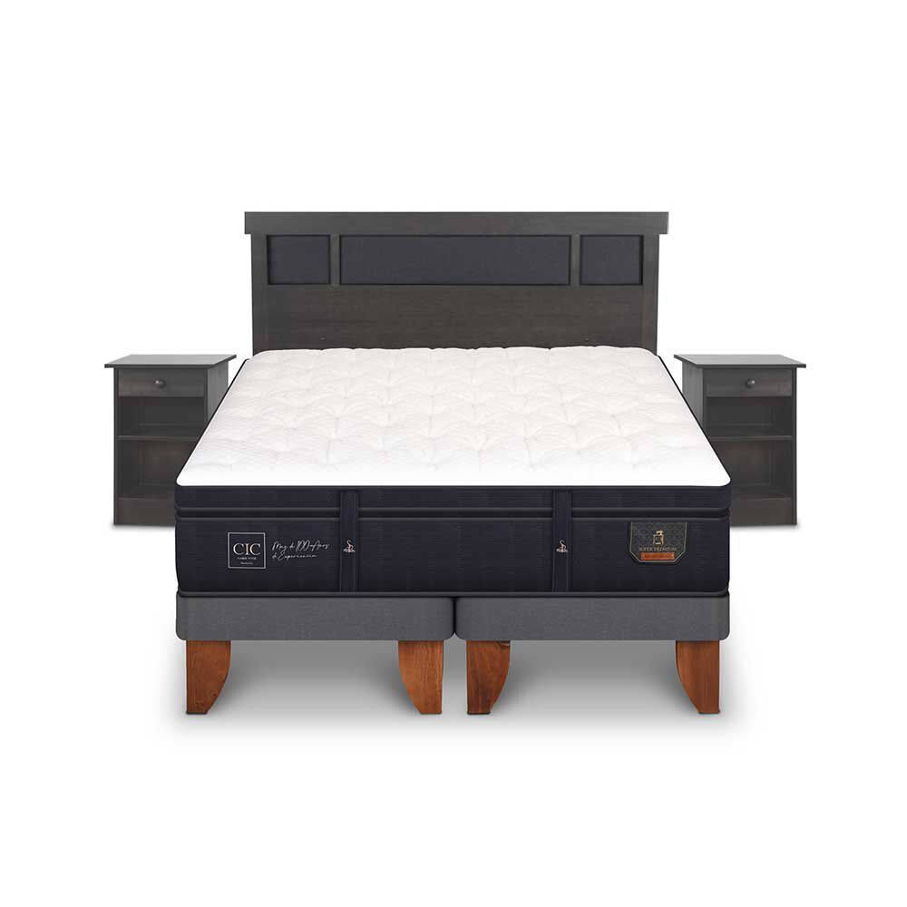 Cama Europea CIC Base Normal King Súper Premium + Respaldo + 2 Veladores Dublin