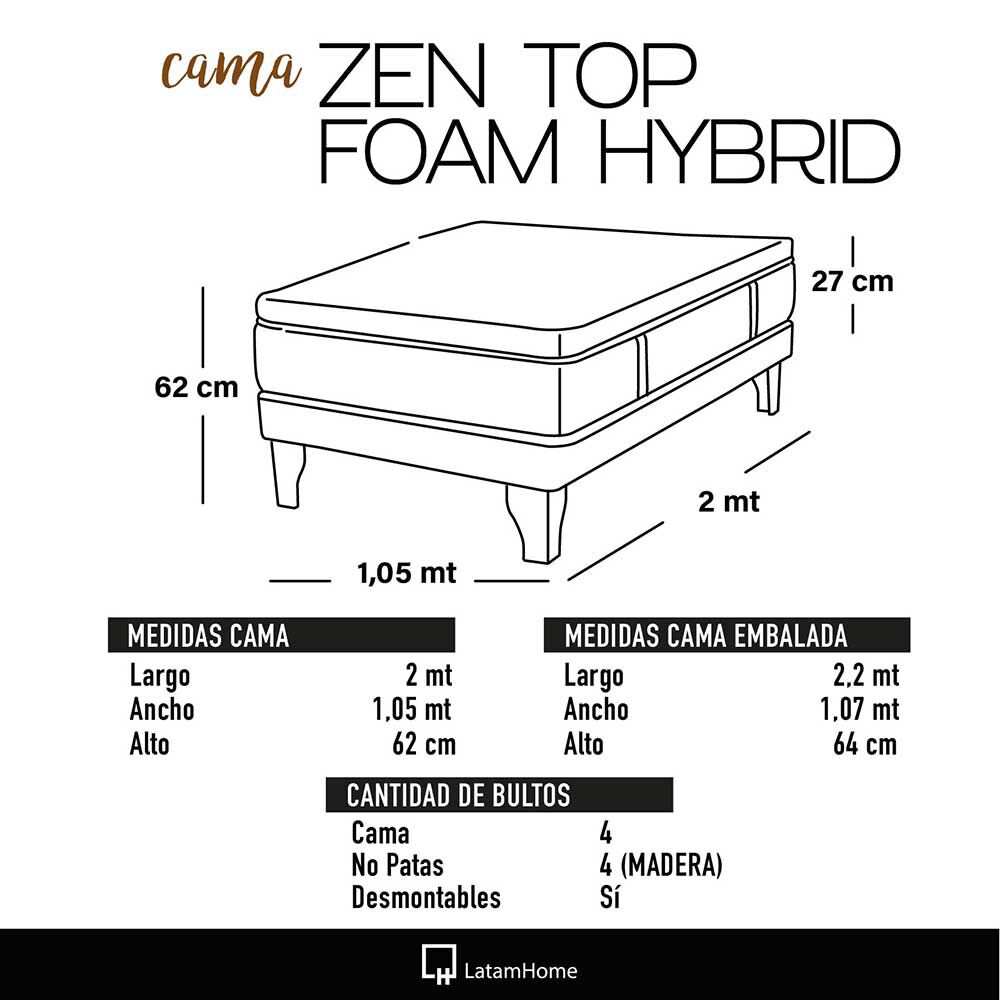 Cama Europea Latam Home 1,5 Plazas Zen Top Foam Hybrid Velvet Verde