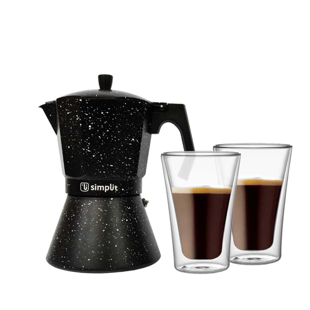 Pack Cafetera Italiana + Set 2 Vasos Doble Pared Simplit Negro