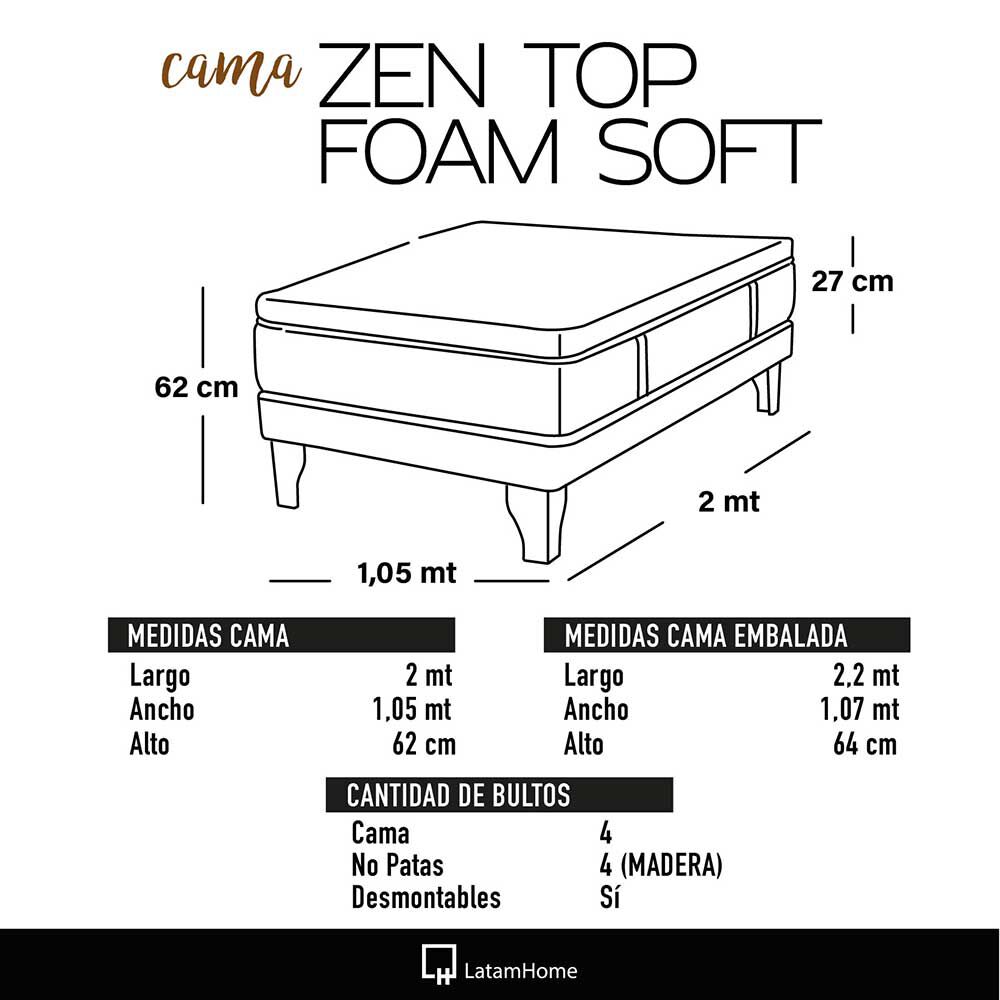 Cama Europea Latam Home 1,5 Plazas Zen Top Foam Soft Velvet Negro