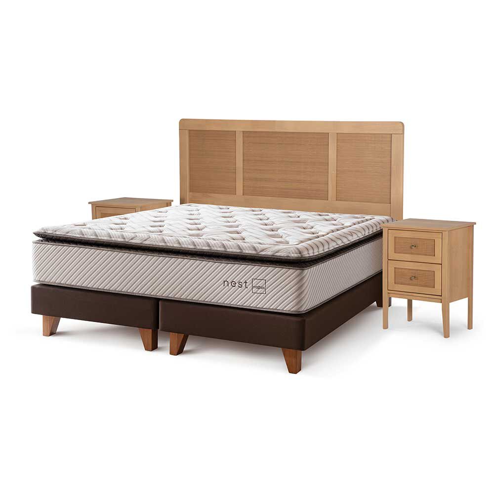 Cama Europea Rosen Base Dividida King Nest + Respaldo + 2 Veladores Charles