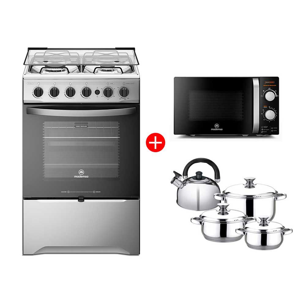 Combo Cocina a Gas Mademsa M 775 ST 4 Quemadores + Microondas Mademsa MM20FBM 20 lts. + Batería de Cocina Fantuzzi Pavia 6 Piezas + Tetera Fantuzzi Trinni 2,5 lt