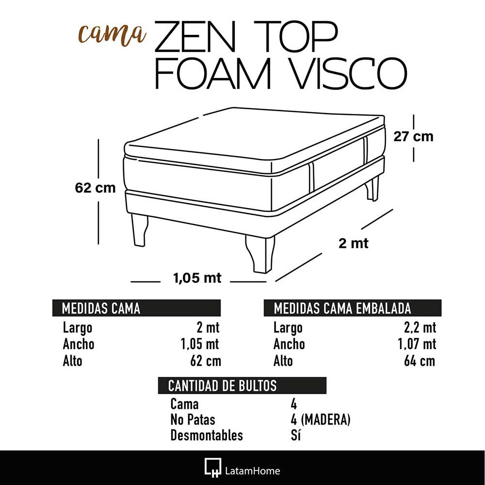 Cama Europea Latam Home 1,5 Plazas Zen Top Foam Visco Velvet Negro