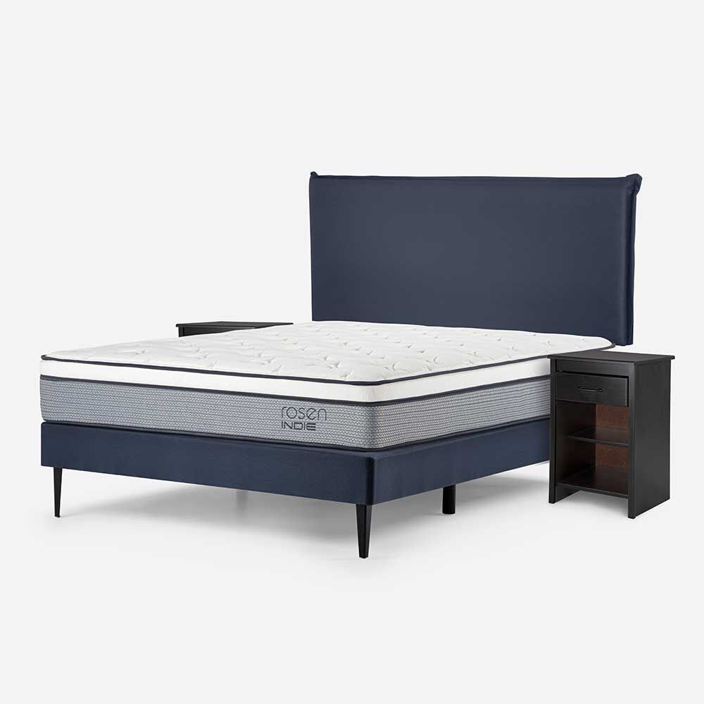 Cama Europea Rosen 2 Plazas Indie + Respaldo + 2 Veladores Maurice