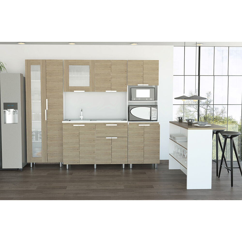Mueble Inferior + Superior + Alacena + Microondas + Barra Auxiliar Fendi TuHome Kitchen Blanco