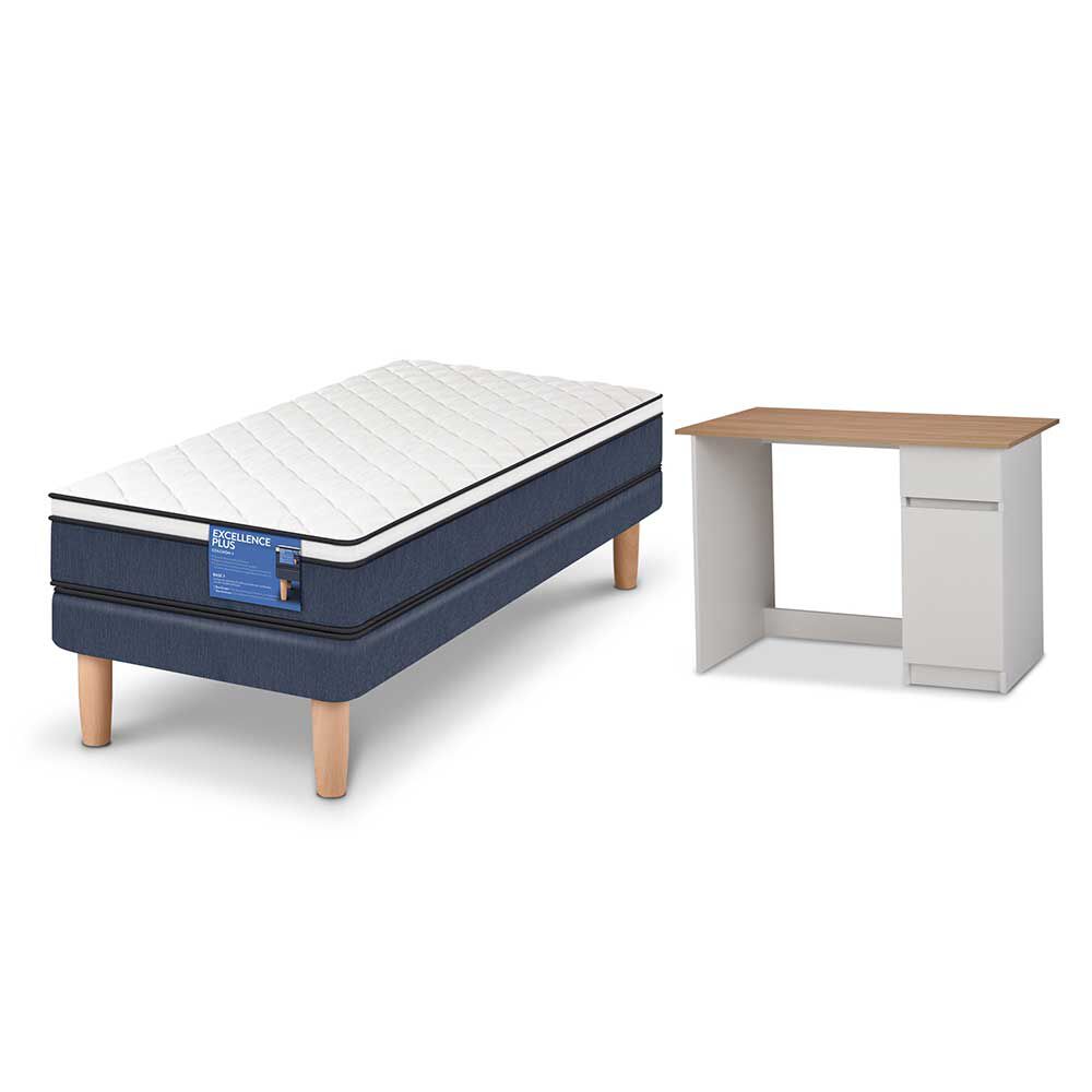 Combo Cama Europea CIC 1 Plaza Excellence Plus + Escritorio New Olmo Alpino Blanco 1 Puerta 1 Cajón