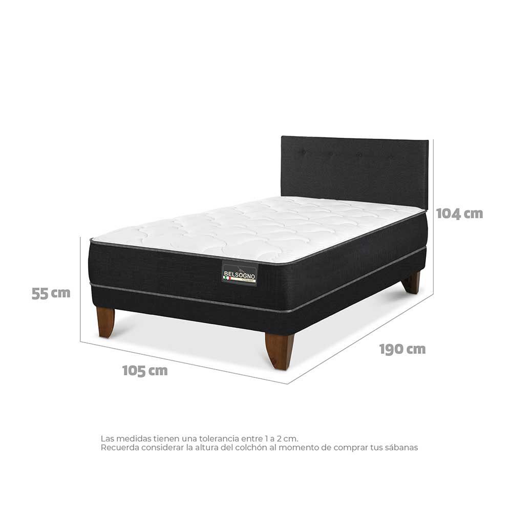 Cama Europea Belsogno 1,5 Plazas Plus + Respaldo Black