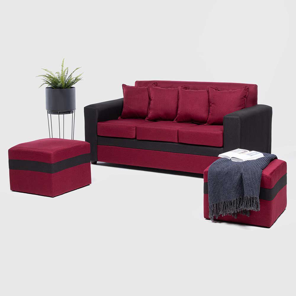 Juego de Living Almore Paris Sofá 3 Cuepos + Dos Pouf 1 Cuerpo Negro Rojo