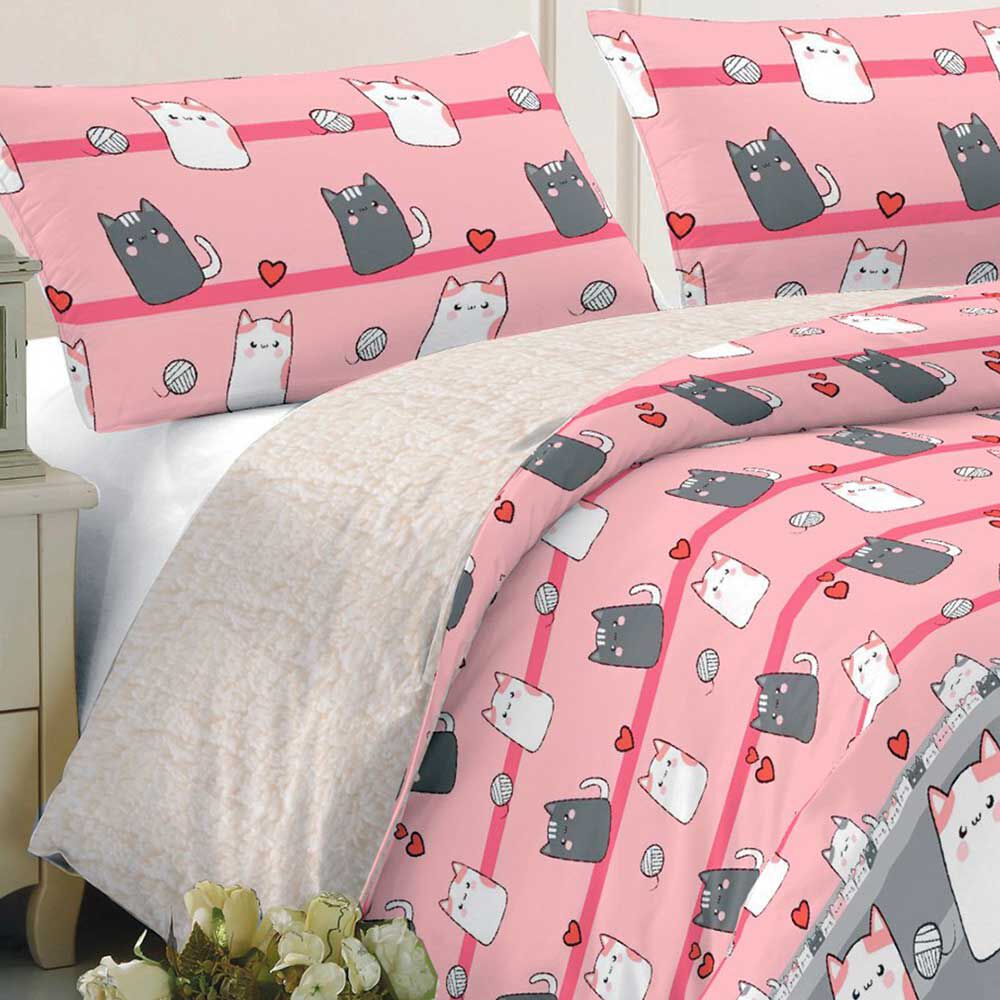 Plumón Infantil Sherpa Estampado Illusions 1,5 Plazas Kitten Rosa