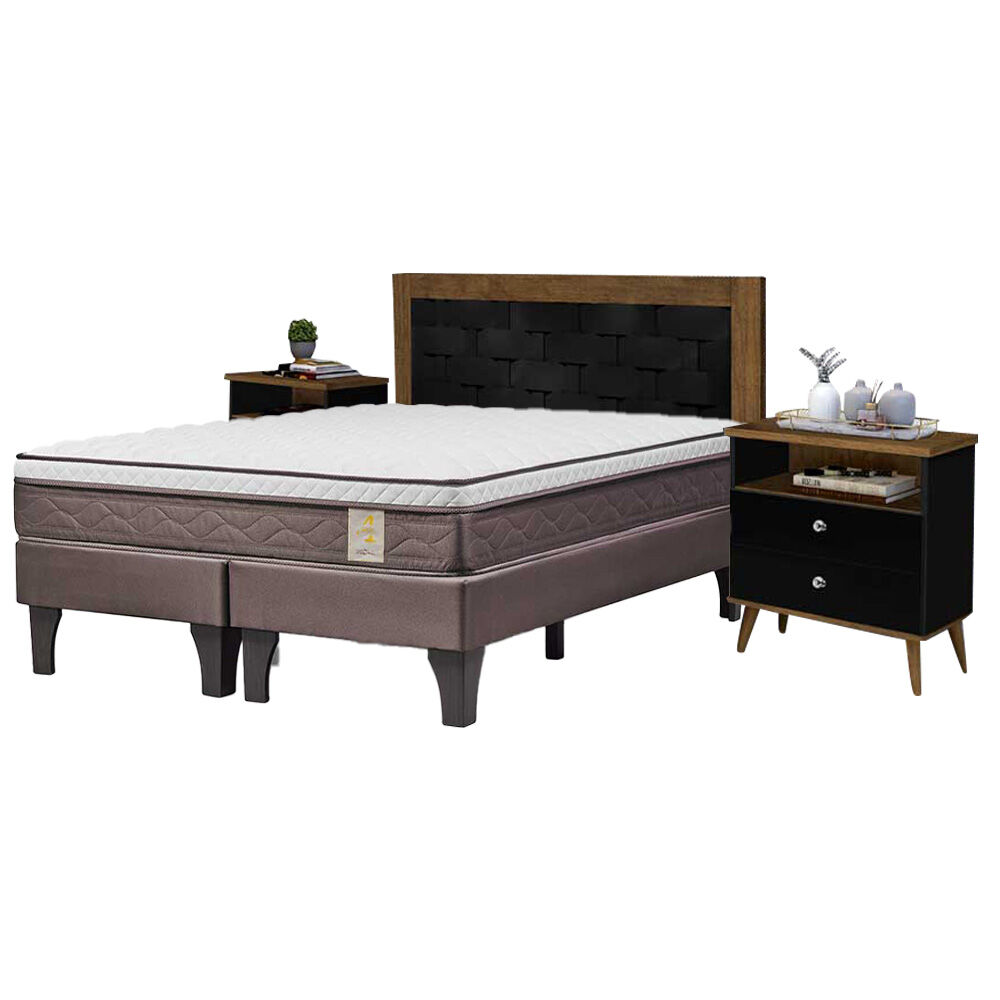 Combo Cama Europea Rosen Base Dividida 2 Plazas New Style 4 Plus + Respaldo + 2 Veladores Dreams 2 Plazas Treliza Negro