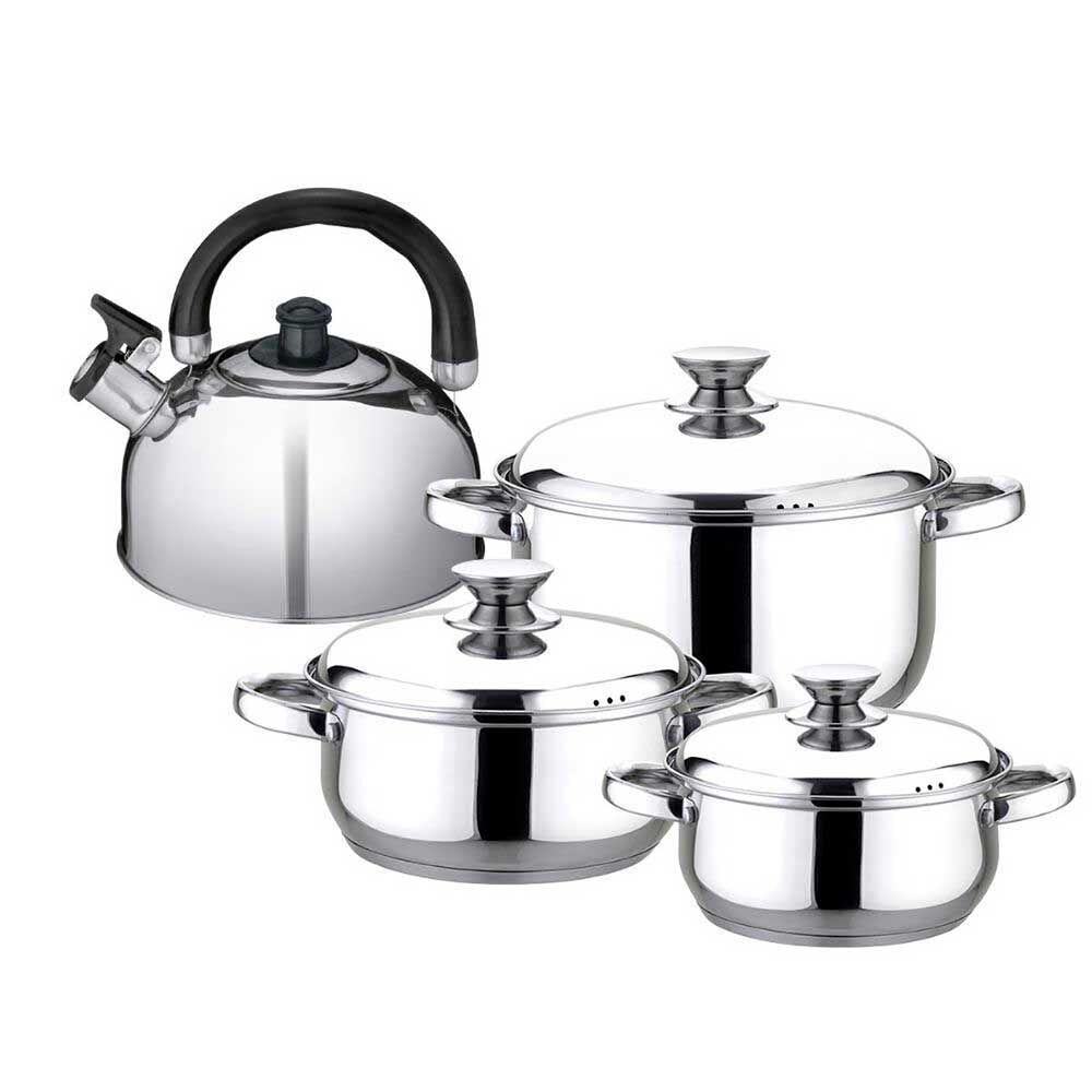 Combo Cocina a Gas Mademsa M 775 ST 4 Quemadores + Microondas Mademsa MM20FBM 20 lts. + Batería de Cocina Fantuzzi Pavia 6 Piezas + Tetera Fantuzzi Trinni 2,5 lt