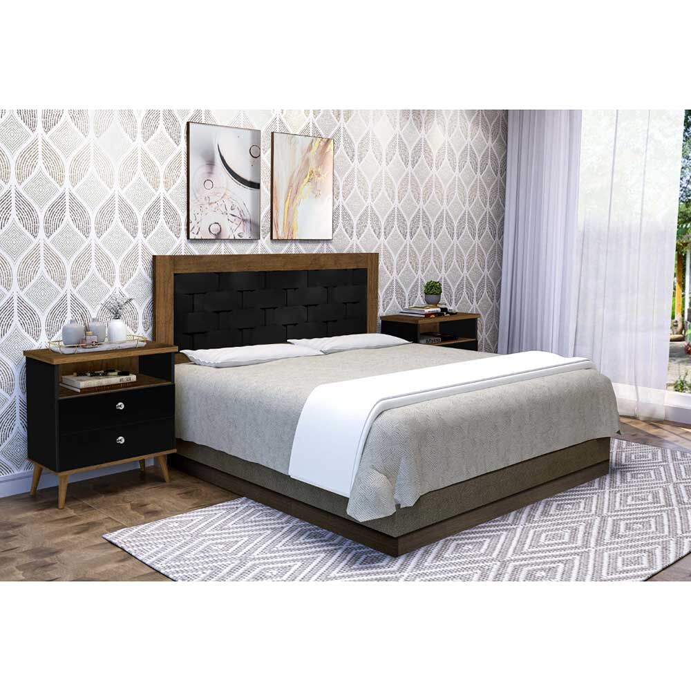 Combo Cama Europea Rosen Base Dividida 2 Plazas New Style 4 Plus + Respaldo + 2 Veladores Dreams 2 Plazas Treliza Negro