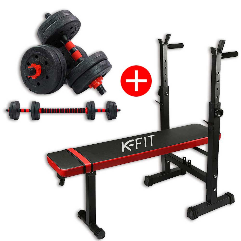 Banca Multifuncional K-FIT R6008 + Set de Mancuernas K-FIT con Barra Ajustable 20Kg