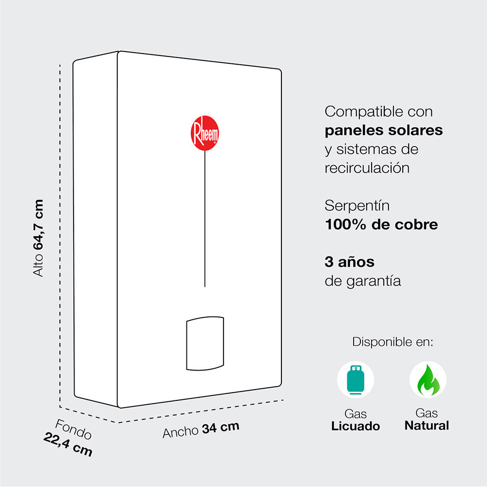 Calefont Gas Natural Rheem Tiro Natural Ionizado 11 lts.