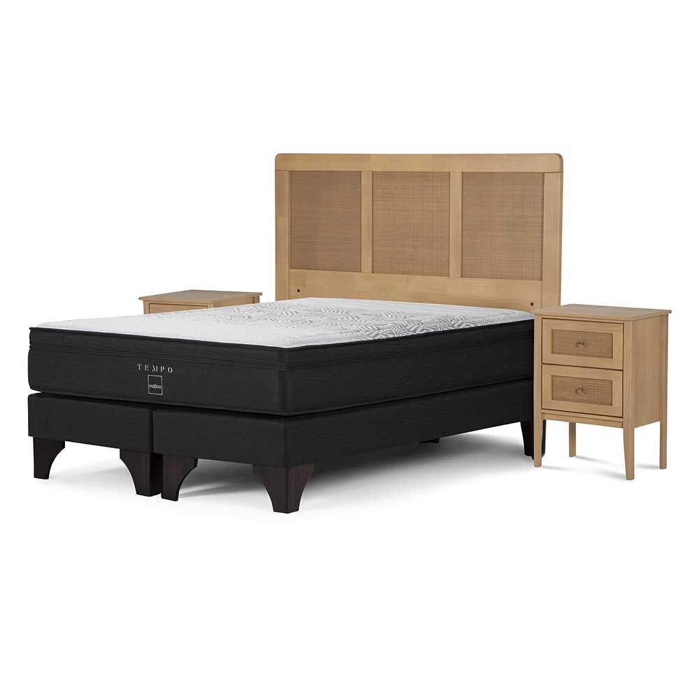 Cama Europea Rosen Base Dividida 2 Plazas Tempo + Respaldo + 2 Veladores Charles