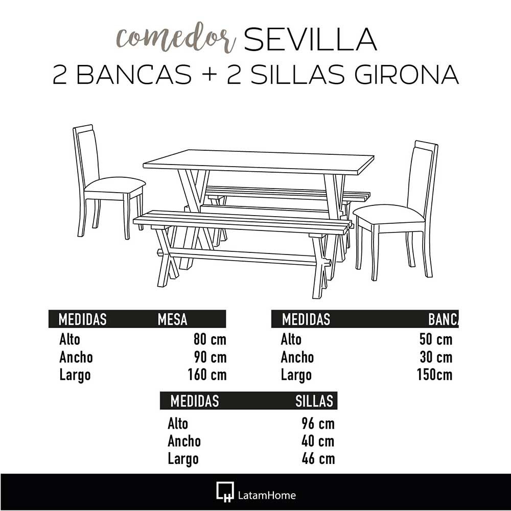 Juego de Comedor Latam Home Sevilla Girona 2 Sillas + 2 Bancas Cuero Kentucky Negro