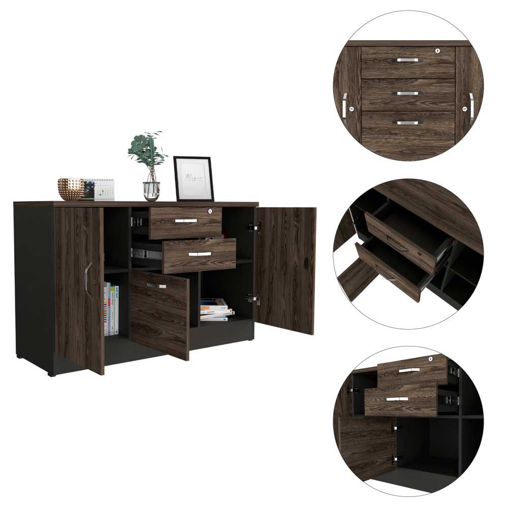 Gabinete TuHome Home Office 2 Puertas 3 Cajones Negro Soft Coñac