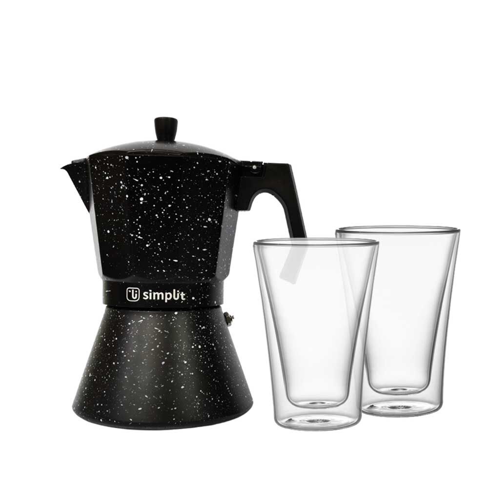 Pack Cafetera Italiana + Set 2 Vasos Doble Pared Simplit Negro