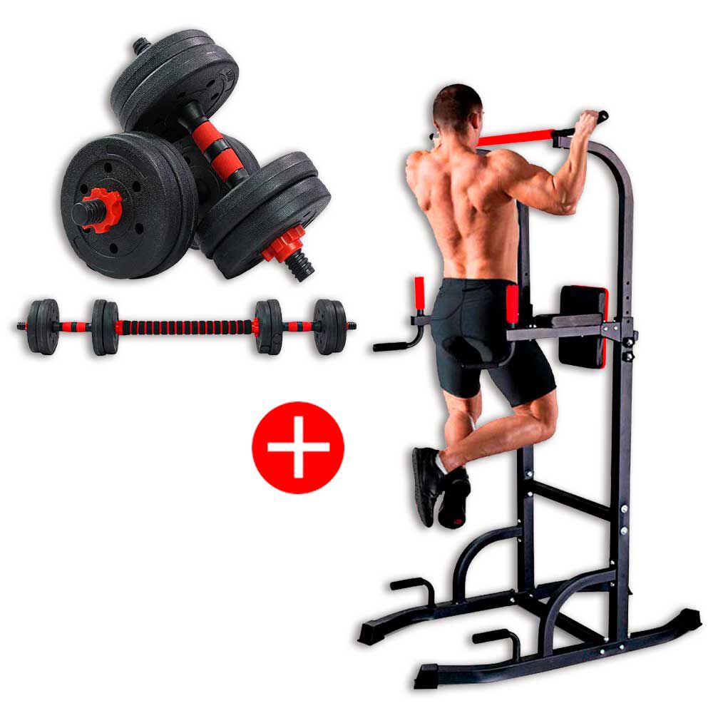 Torre Multifuncional de Ejercicios Fitness K-FIT + Set de Mancuernas K-FIT con Barra Ajustable 20Kg