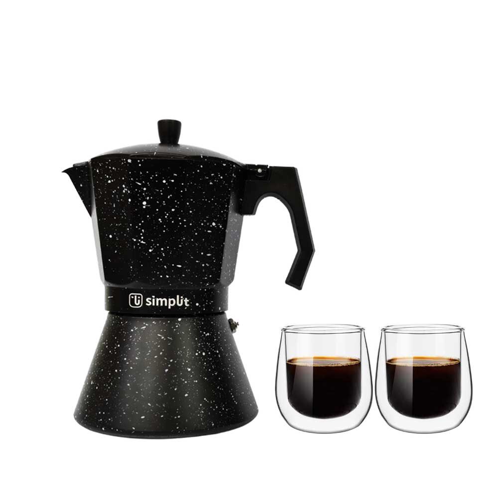 Pack Cafetera Italiana + Set 2 Tazas Expreso 80 ml Simplit Negro