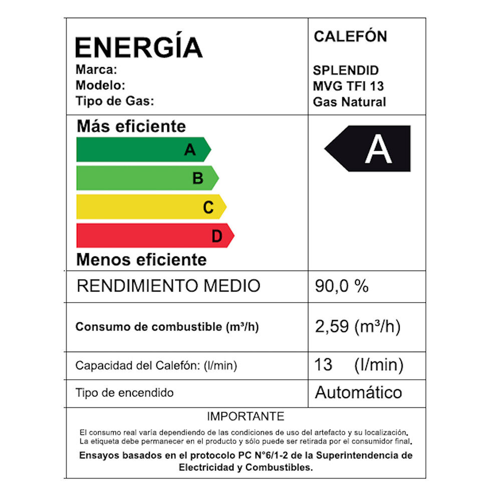 Calefont Gas Natural 13 lts. Tiro Forzado Splendid