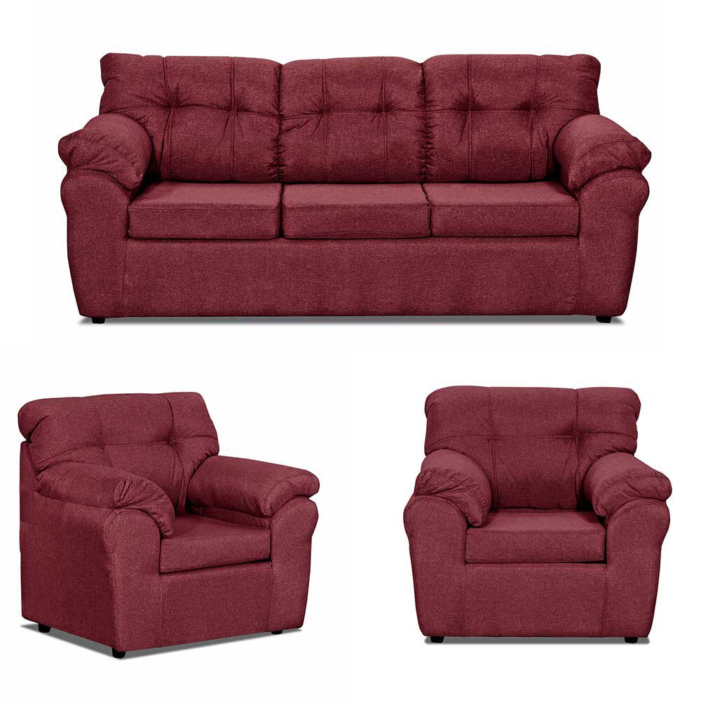 Juego de Living Deco Outlet Polonia Sofá 3 Cuerpos + Dos Sillones 1 Cuerpo Burdeo