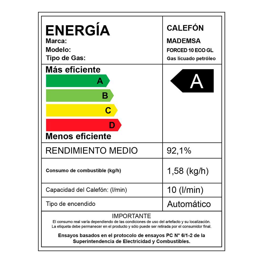 Calefont Gas Licuado Mademsa Forced 10 Eco GL 10 lts.