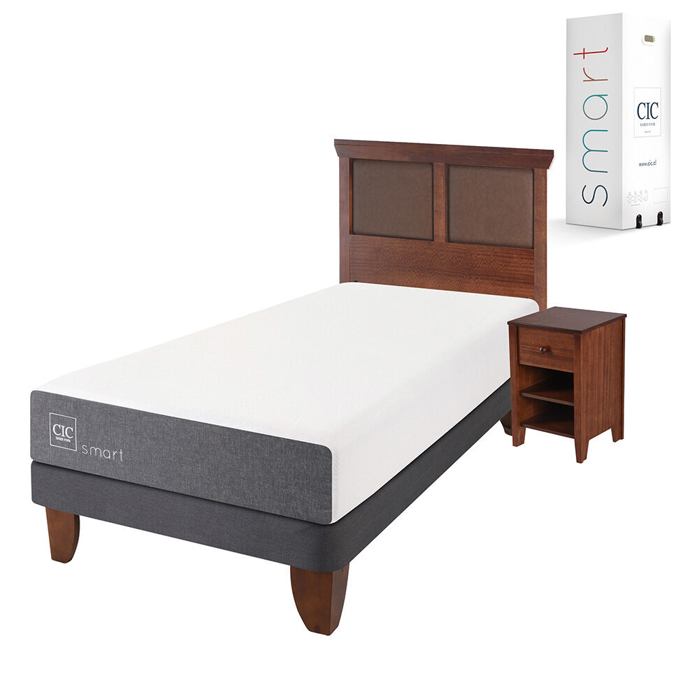 Cama Europea CIC 1 Plaza Smart + Respaldo + Velador New Torino Caramelo