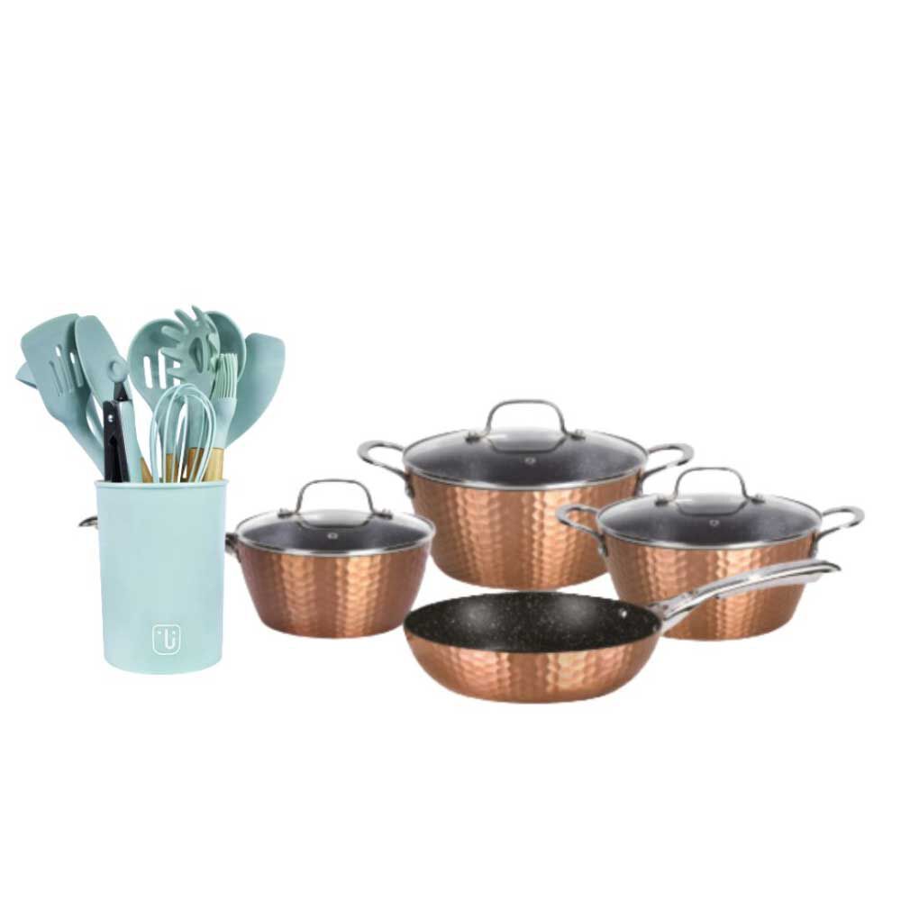 Batería de Cocina Simplit Acero Inoxidable 7 Piezas Dorado + Set 12 Utensilios Calipso