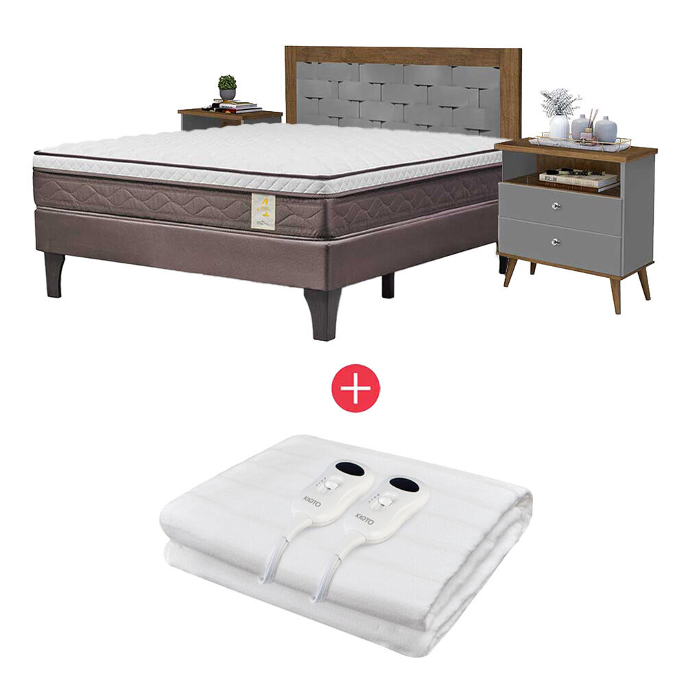 Combo Cama Europea Rosen 2 Plazas New Style 4 Plus + Respaldo + 2 Veladores Dreams 2 Plazas Treliza Gris + Calientacama Análogo Kioto CC2 2 Plazas