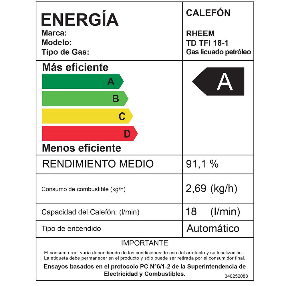 Calefont Gas Licuado Rheem Tiro Forzado Digital  18 lts.