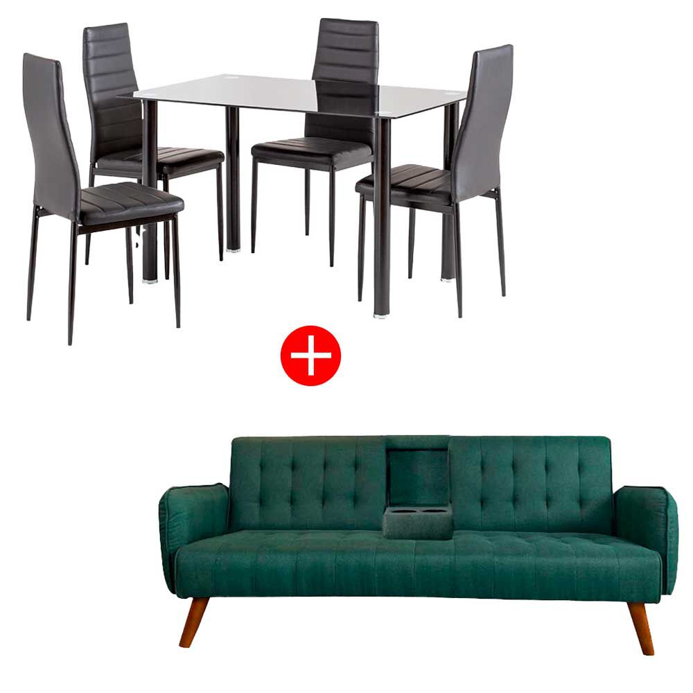 Combo Juego de Comedor Leblon 4 Sillas + Sofá Cama Casanova Renata 3 Cuerpos Verde Piedra